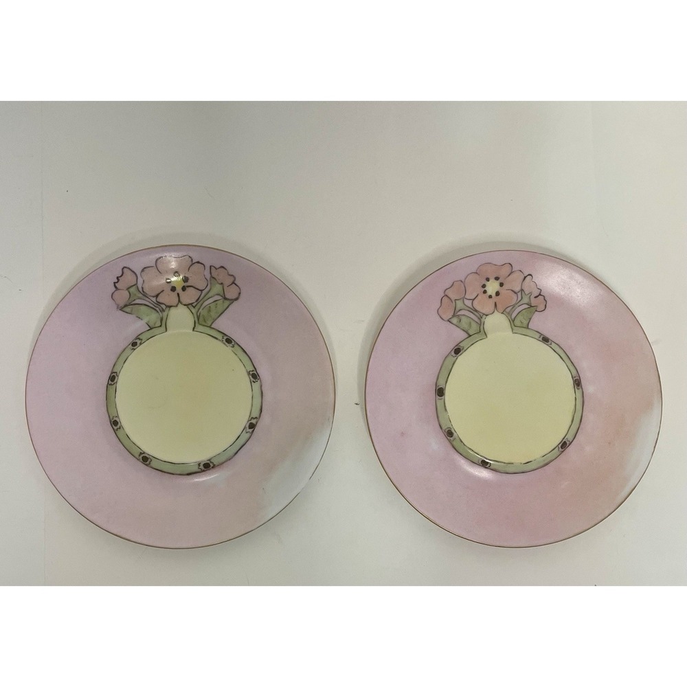 2 Hutschenreuthes Selb Bavaria Pink Gold Trim Art Deco Hand Painted 5.5" Plates